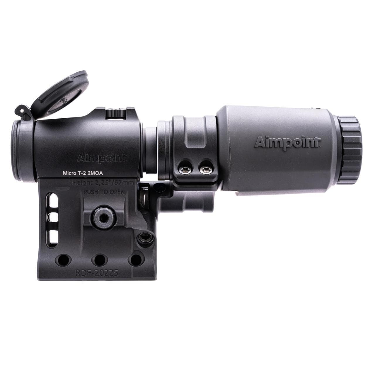 Black Aimpoint Micro T-2 red dot sight with 3X-P magnifier behind it on a Spuhr mount, side view