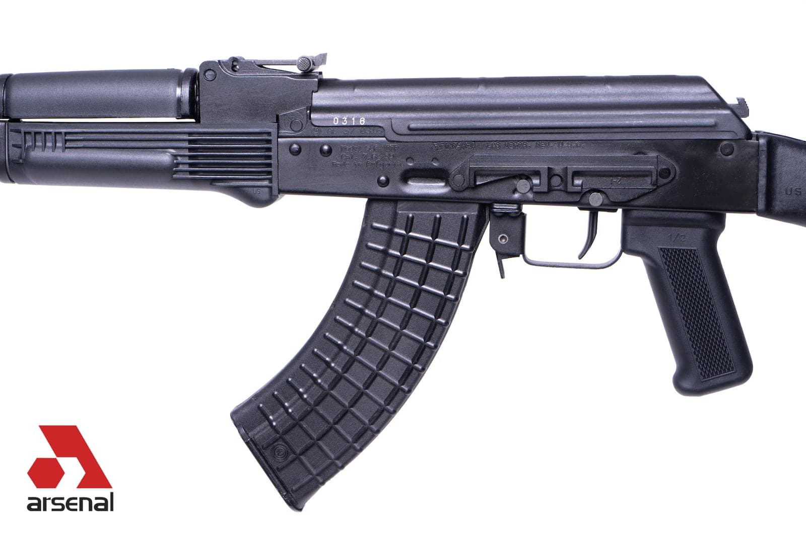 Close view of the SLR107R stamped receiver, magazine and pistol grip