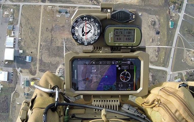 Chest-mounted cased phone running a navigation map during a military freefall jump