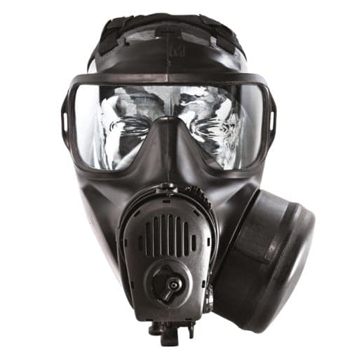 Avon FM53 mask with side-mounted filter on a white background