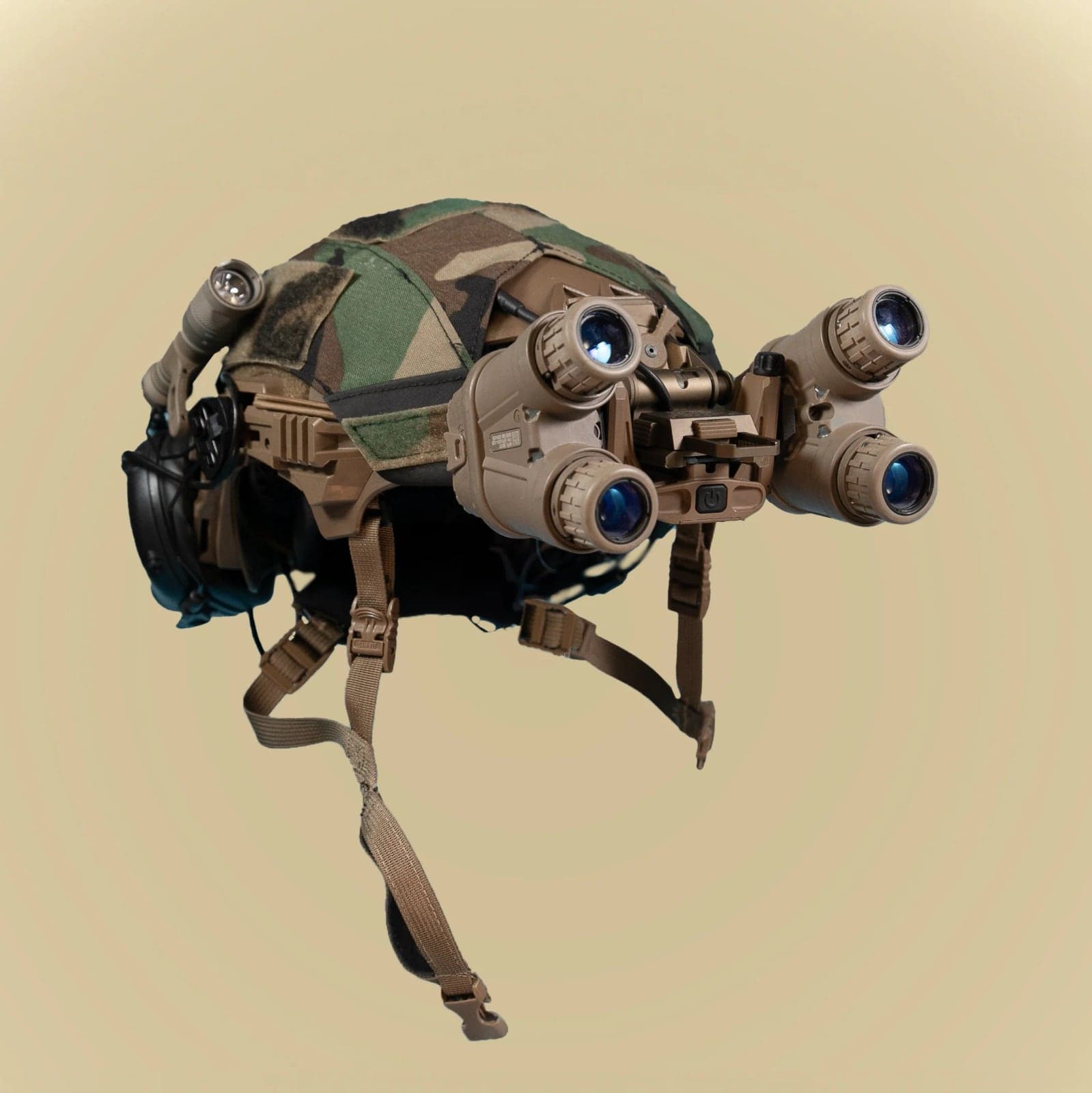 Front view of the Chimera mounted on a camouflage-covered helmet