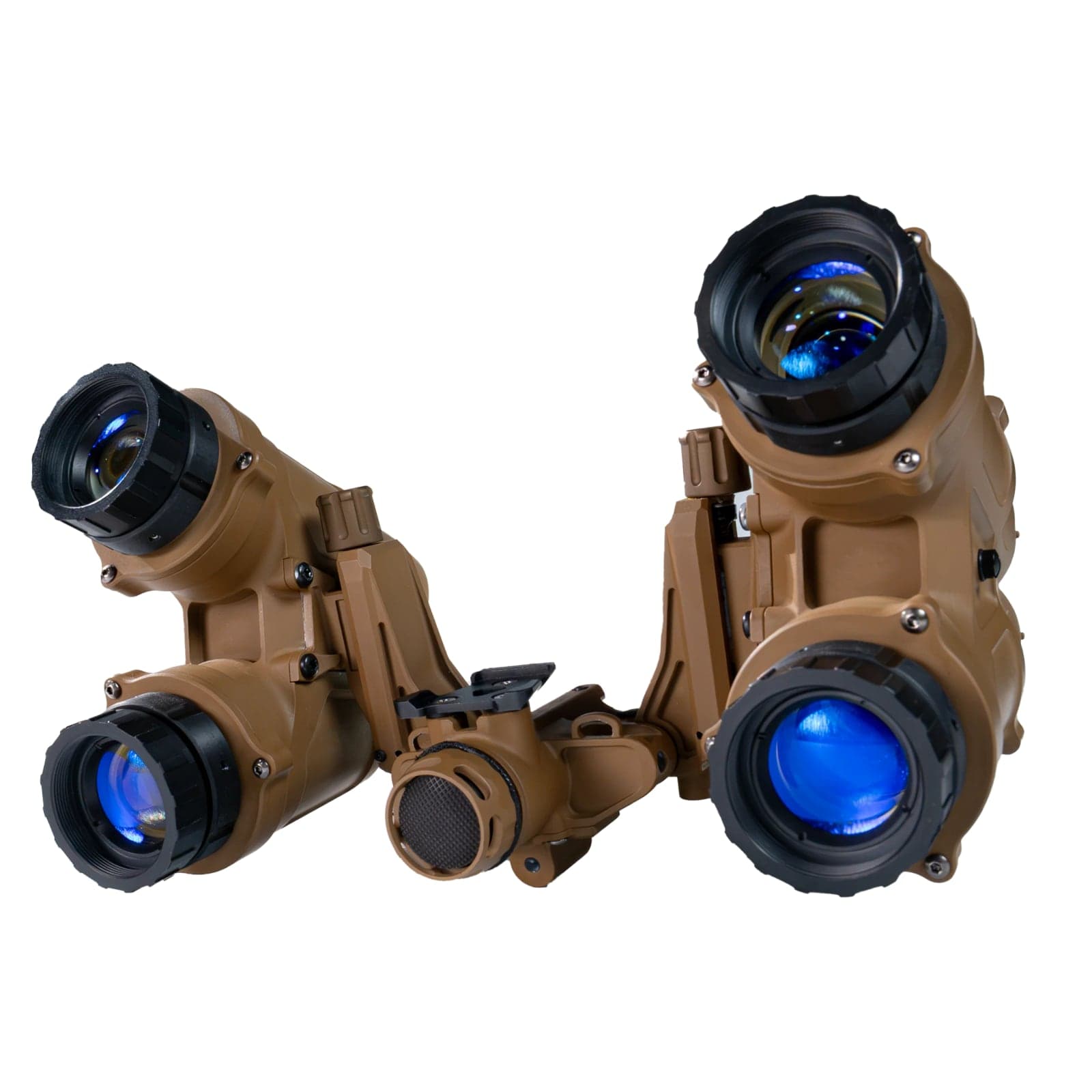 Helmet side view with the coyote brown Chimera pods stowed rearward