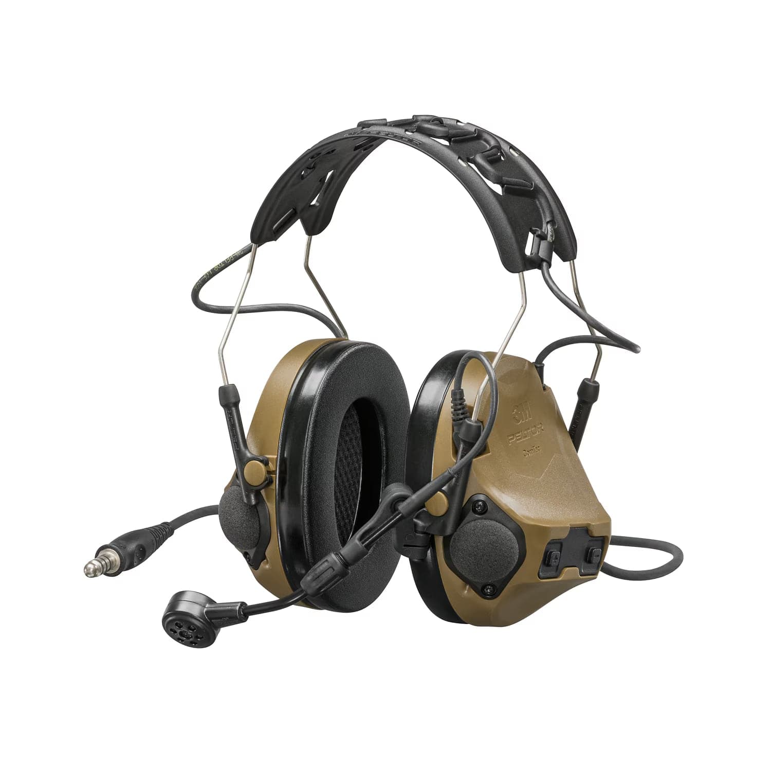 Coyote brown ComTac VIII headset with boom microphone and single downlead, on a white background