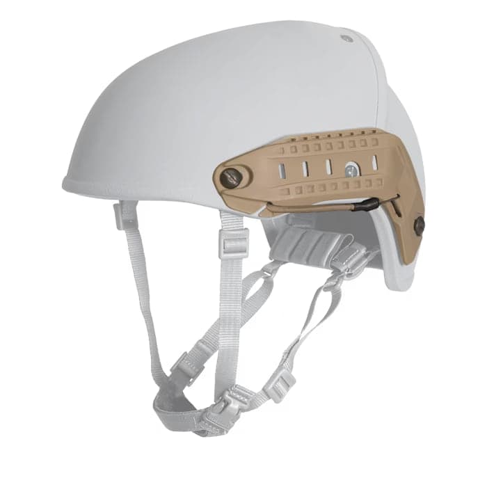 AirFrame helmet shell fitted with a tan side ARC rail, three-quarter view