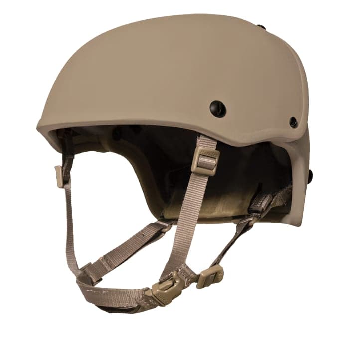 Tan Crye Precision AirFrame helmet with chinstrap, three-quarter view on a plain background