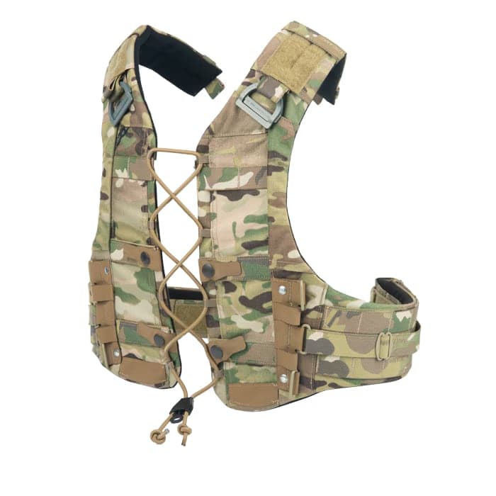 MultiCam AVS Harness seen from the front three-quarter angle, showing the shock-cord lacing