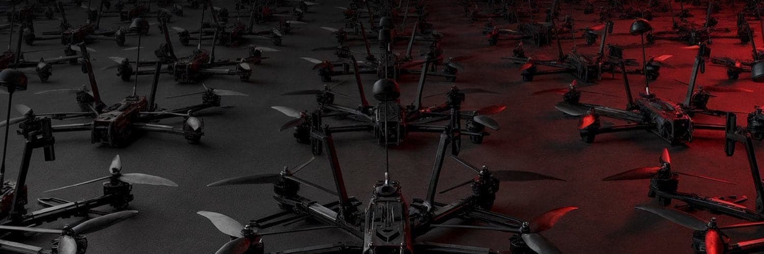 Rows of F10 FPV drones at the F-Drones facility