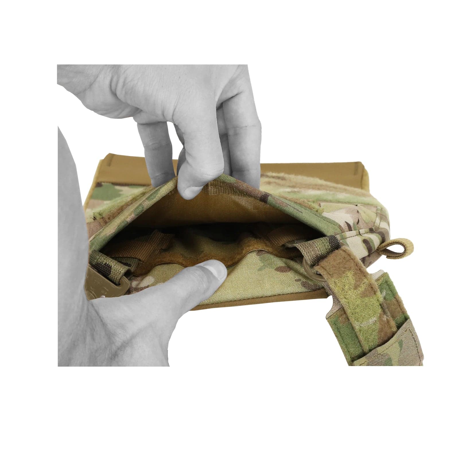 Hands opening the full width admin pocket on the FCPC V5 front plate bag