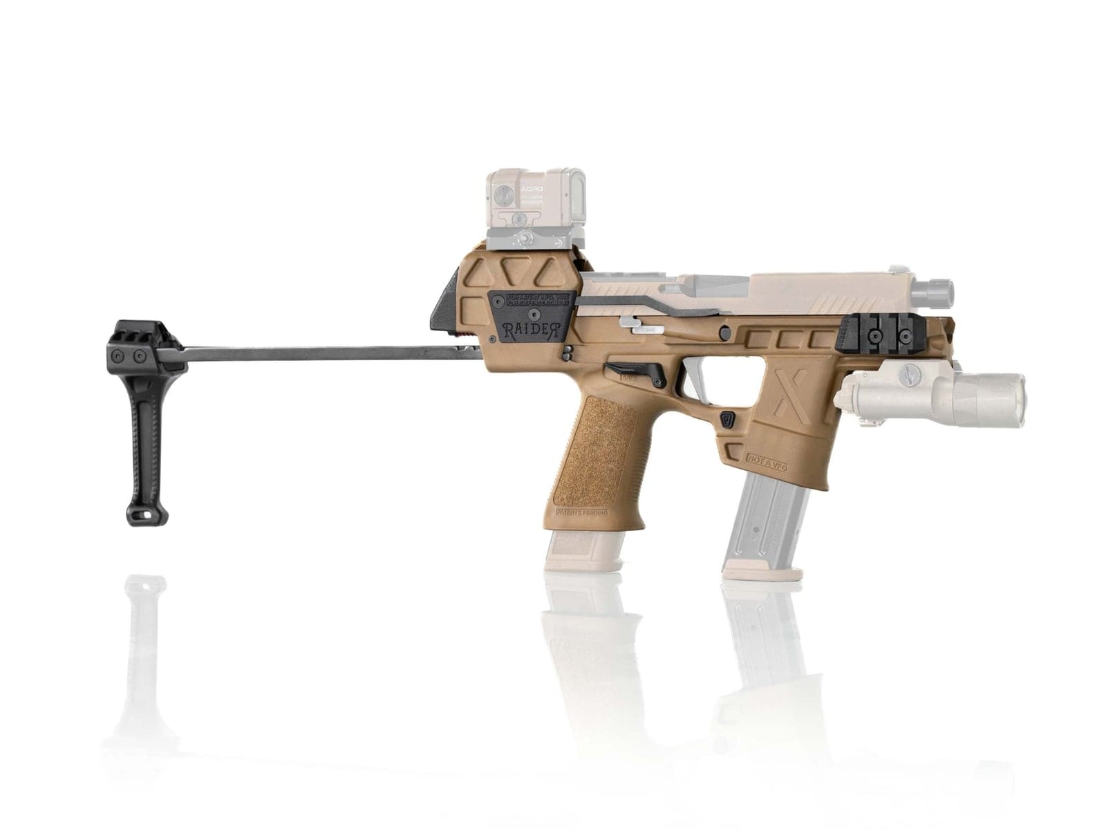 Raider X chassis in FDE with a P320 installed, brace extended, light and optic mounted