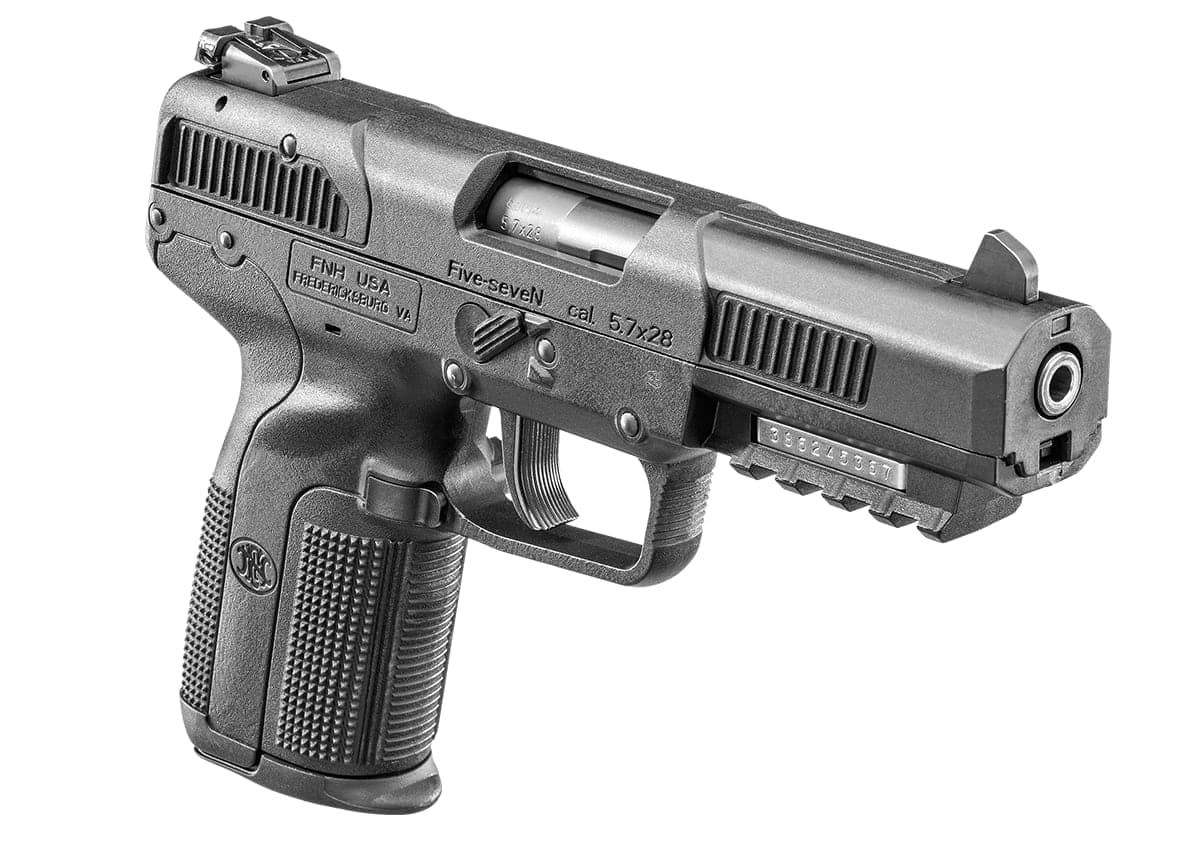 Black FN Five-seveN seen from the front right, showing the accessory rail
