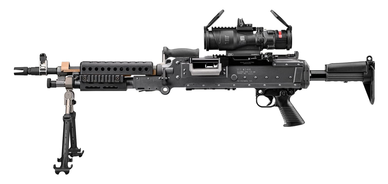 FN M240L left side with a magnified optic, collapsible stock and bipod