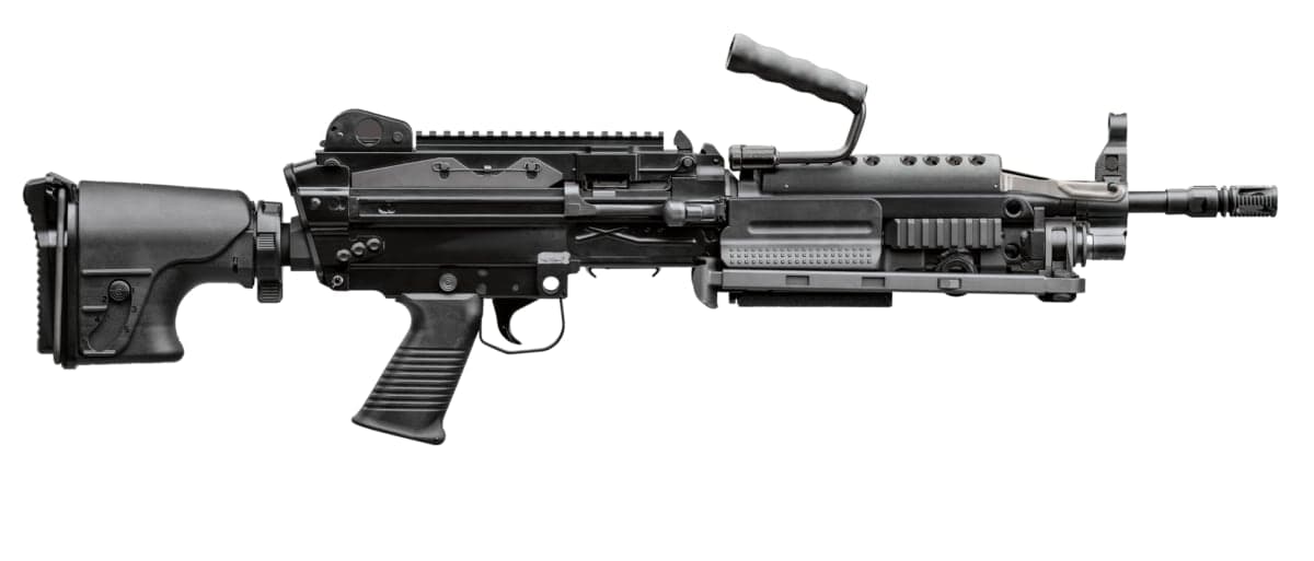 FN MK 46 MOD 2 light machine gun, right side profile with carry handle and adjustable stock