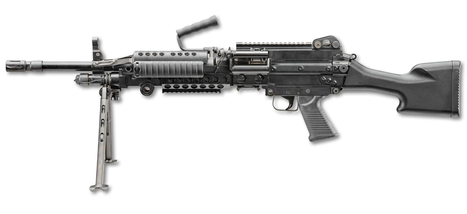 Black belt-fed machine gun with bipod and carry handle, right side profile on a white background