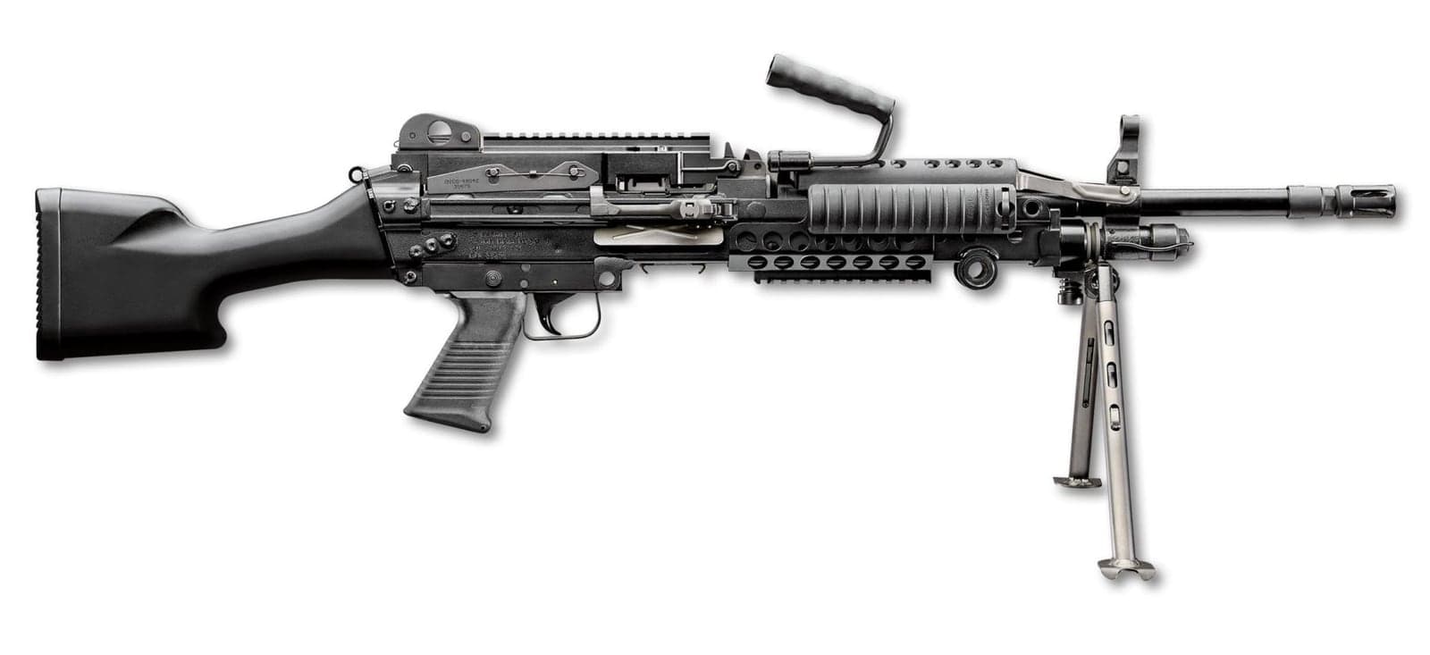 Black belt-fed machine gun with bipod deployed and carry handle raised, left side profile on a white background