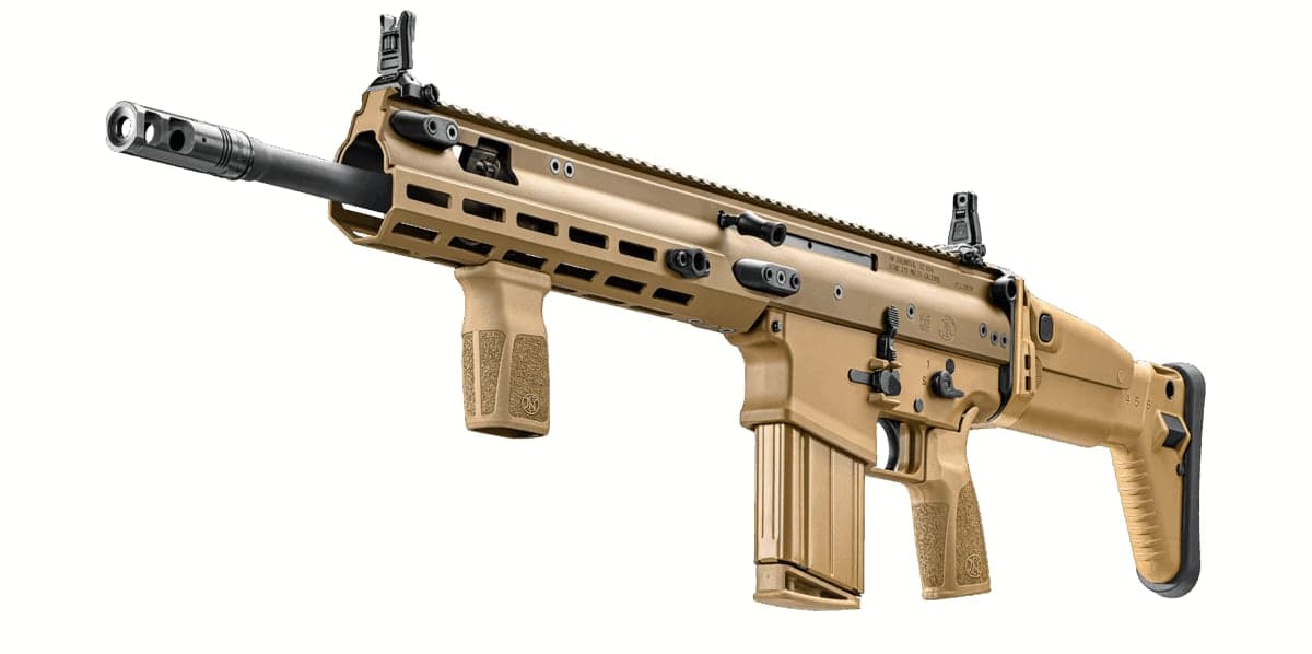 Flat dark earth SCAR 17S carbine seen from a high front-left angle