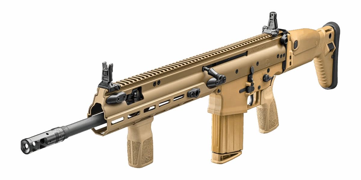 Flat dark earth SCAR 17S carbine seen from a low front-left angle