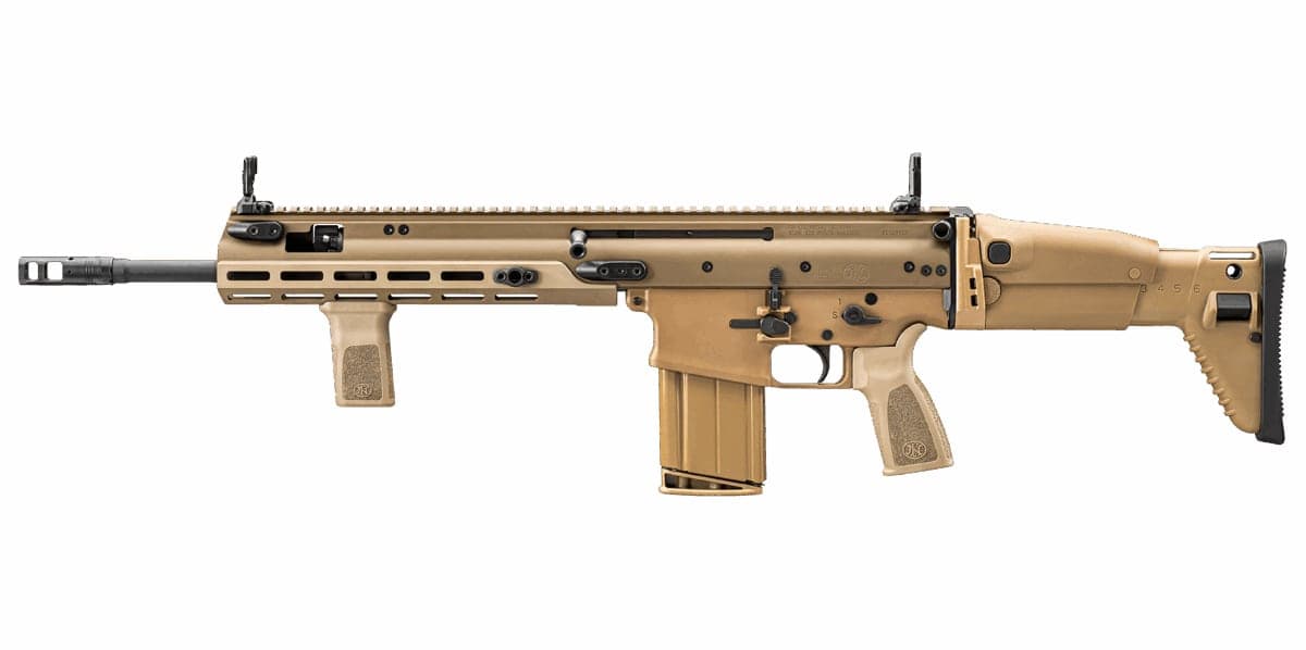 Flat dark earth SCAR 17S carbine with vertical foregrip and folding stock, left side profile