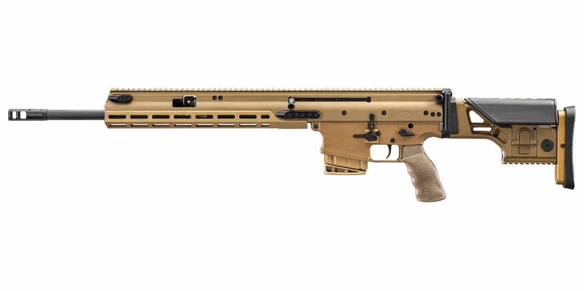 Flat dark earth SCAR 20S precision rifle with long handguard and adjustable stock, left side profile