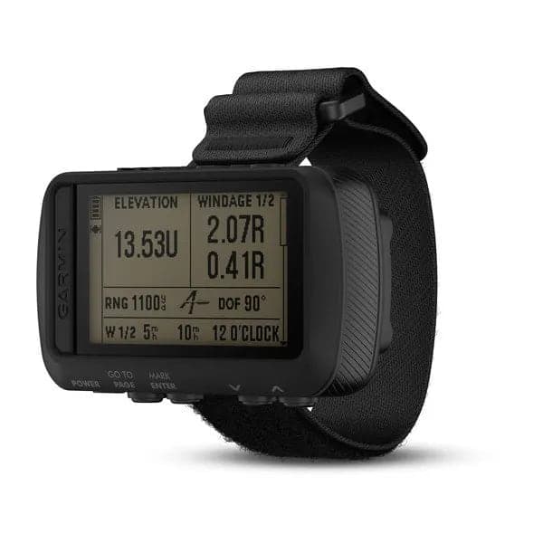 Black Garmin Foretrex 701 on a wrist strap showing a ballistic windage and elevation screen