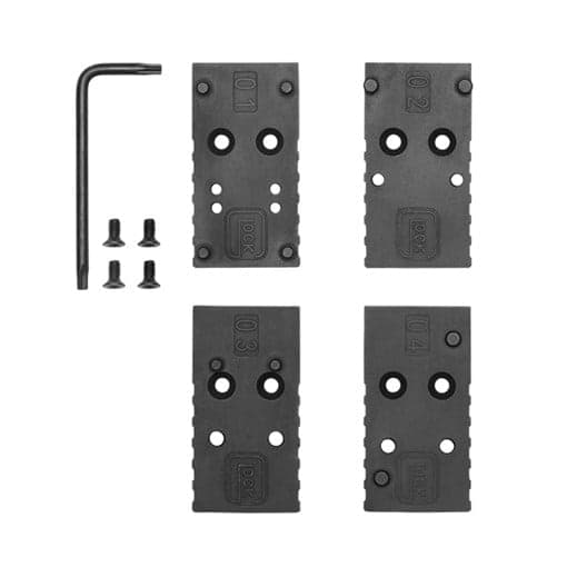 Set of four black MOS optic adapter plates with screws and hex key