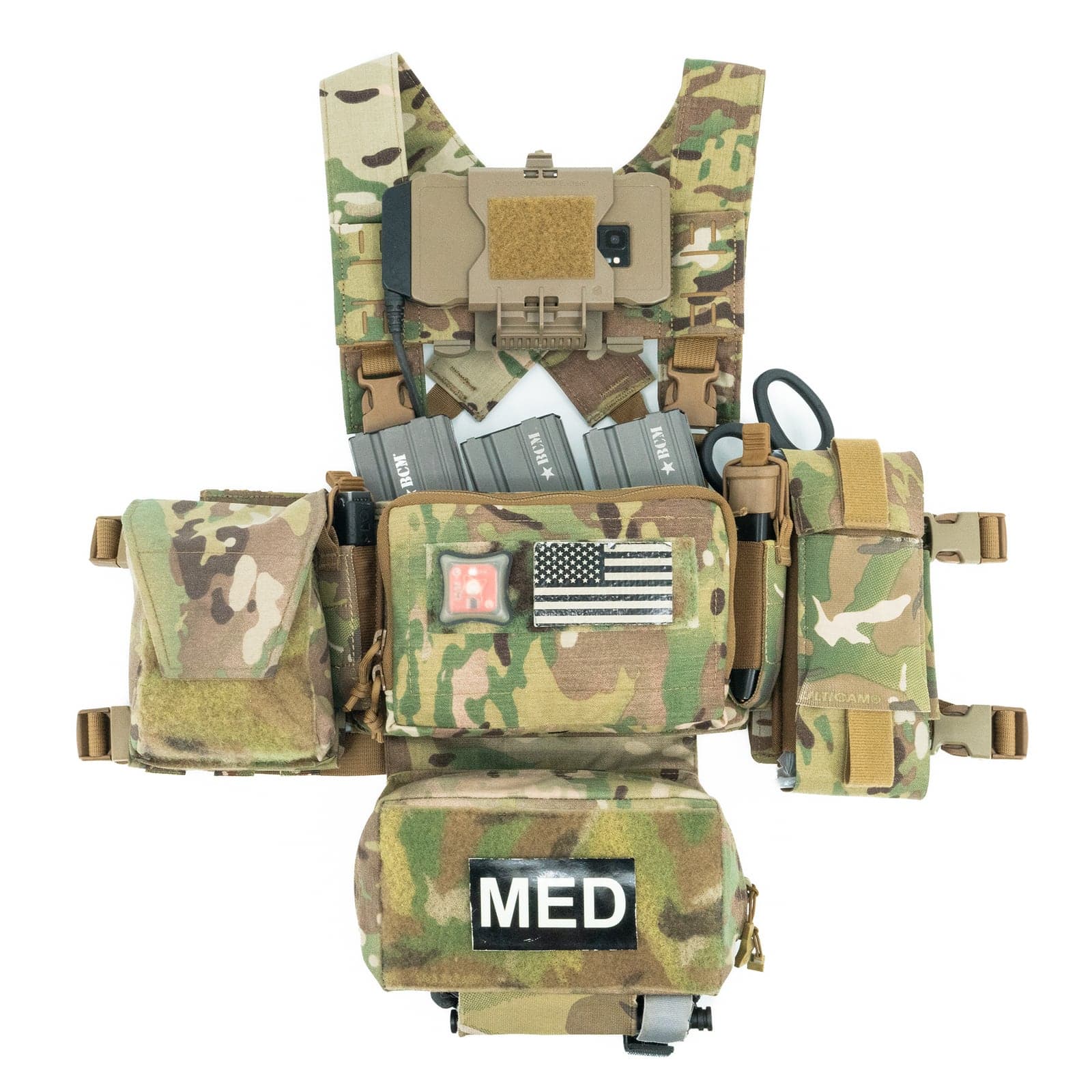 Micro Chest Rig in MultiCam kitted with harness, magazines and hanger pouch