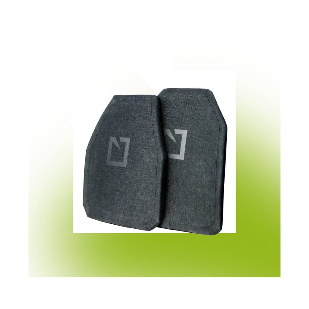 Two grey HESCO Armor 800 Series plates in front of a green HESCO graphic