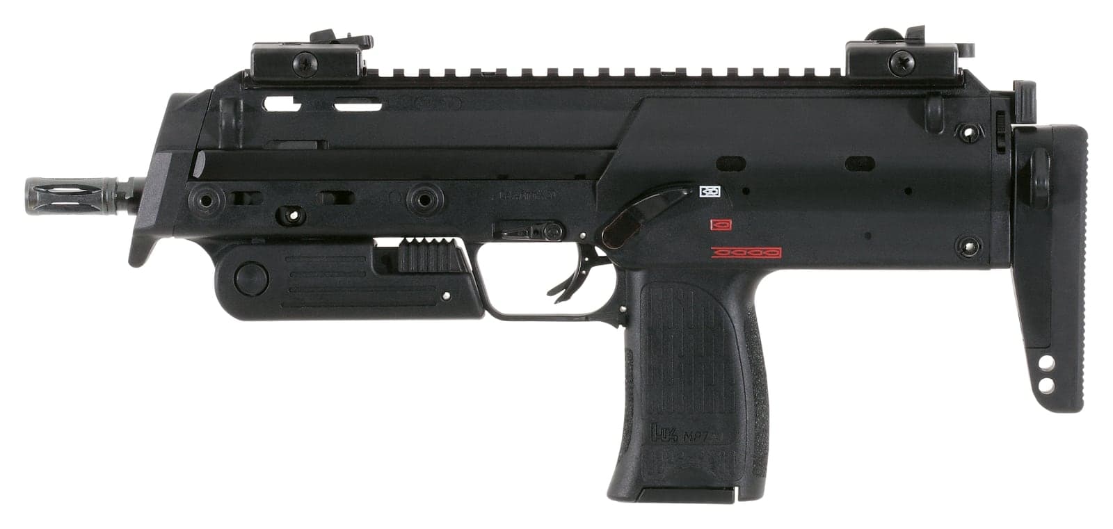 Heckler & Koch MP7A1 submachine gun, left side profile with stock collapsed