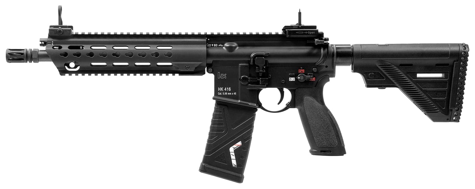 Black HK416 A5 rifle with short 11 inch barrel, left side profile