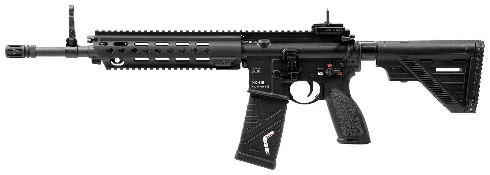 Black HK416 A5 rifle with 14.5 inch barrel, collapsible stock and full-length top rail, left side profile