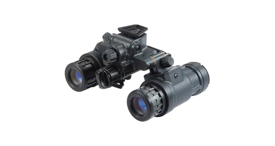 Black L3Harris AN/PVS-31A dual-tube night vision goggle with mount, three-quarter view