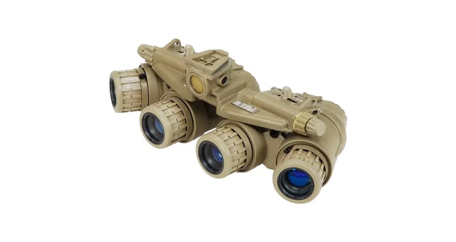 Tan four-tube panoramic night vision goggle on a white background