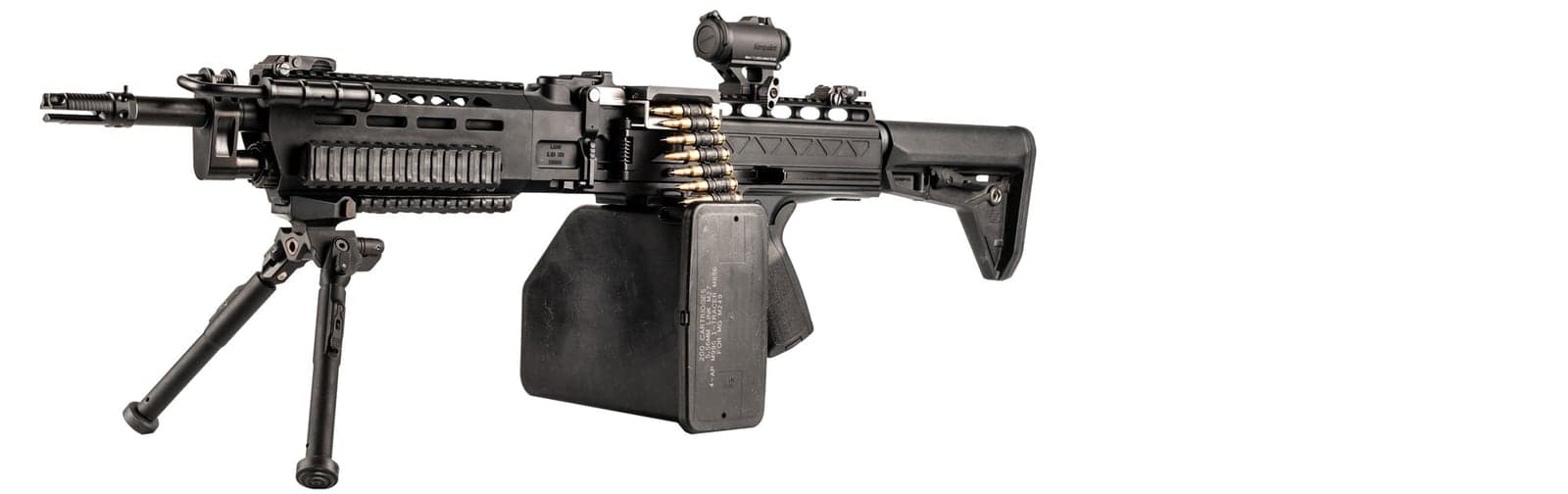LAMG with optic, bipod and ammunition box on a white background