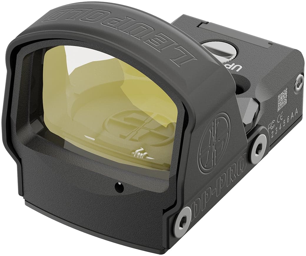 Black Leupold DeltaPoint Pro reflex sight, close three-quarter view of the lens window