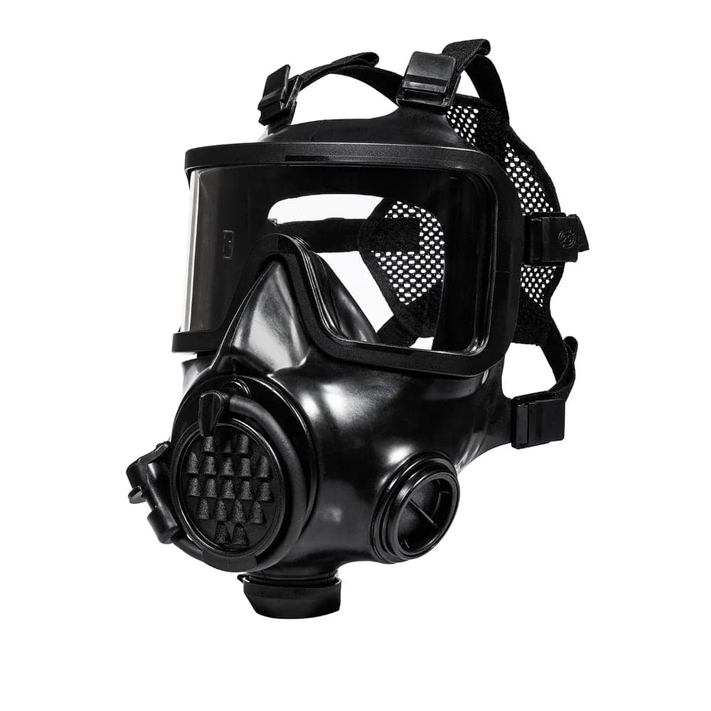 Black MIRA Safety CM-8M gas mask with panoramic visor and mesh head harness, three-quarter view on a white background