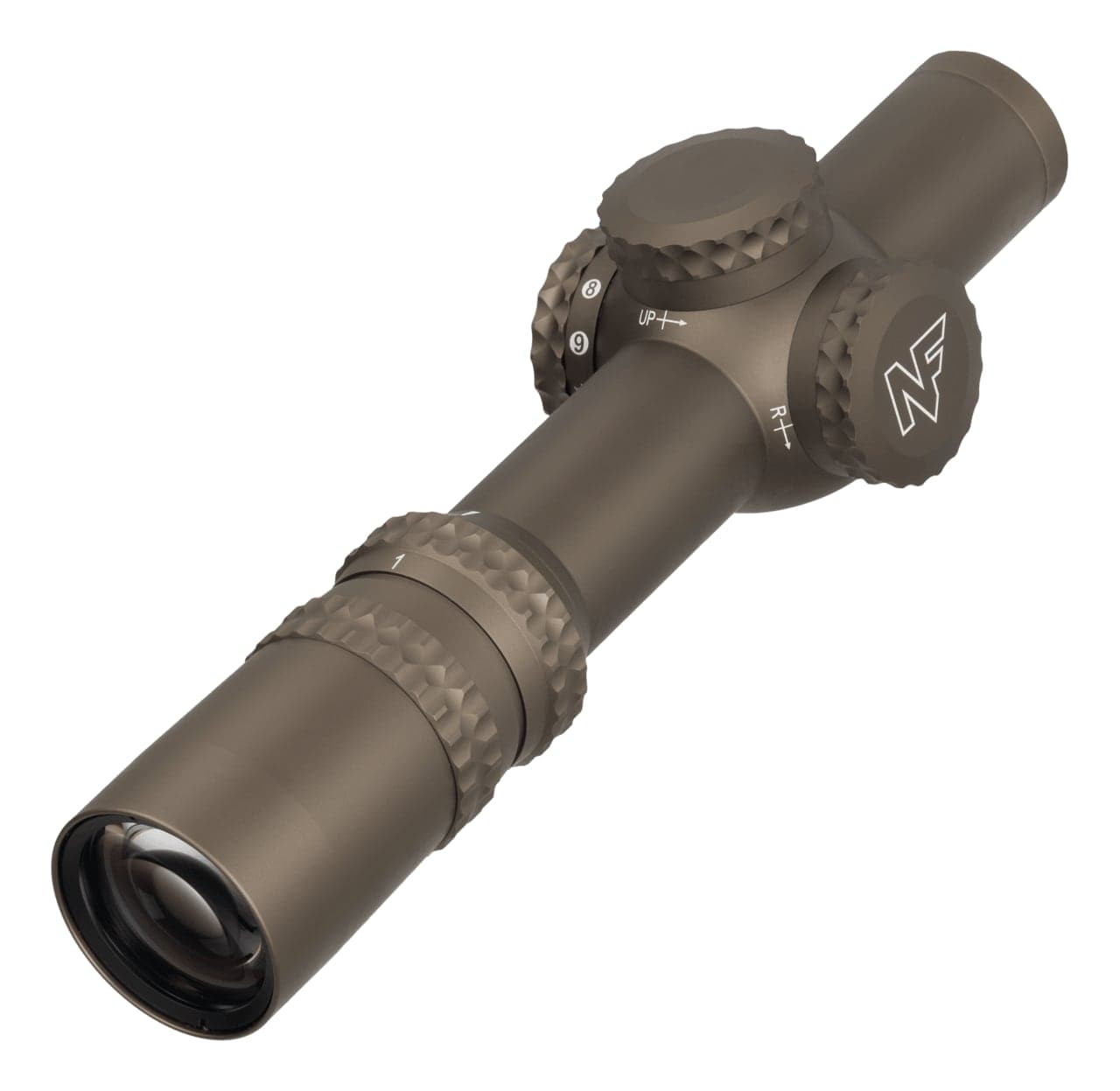 ATACR 1-8x24 F1 in a tan finish, front three-quarter view