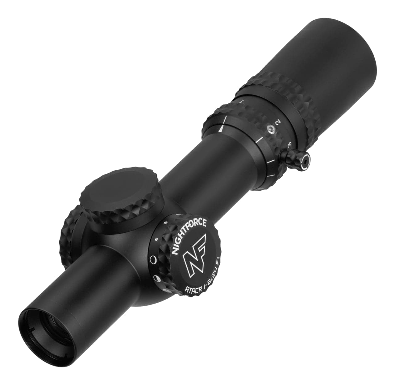 Black Nightforce ATACR 1-8x24 riflescope with capped turrets, three-quarter view