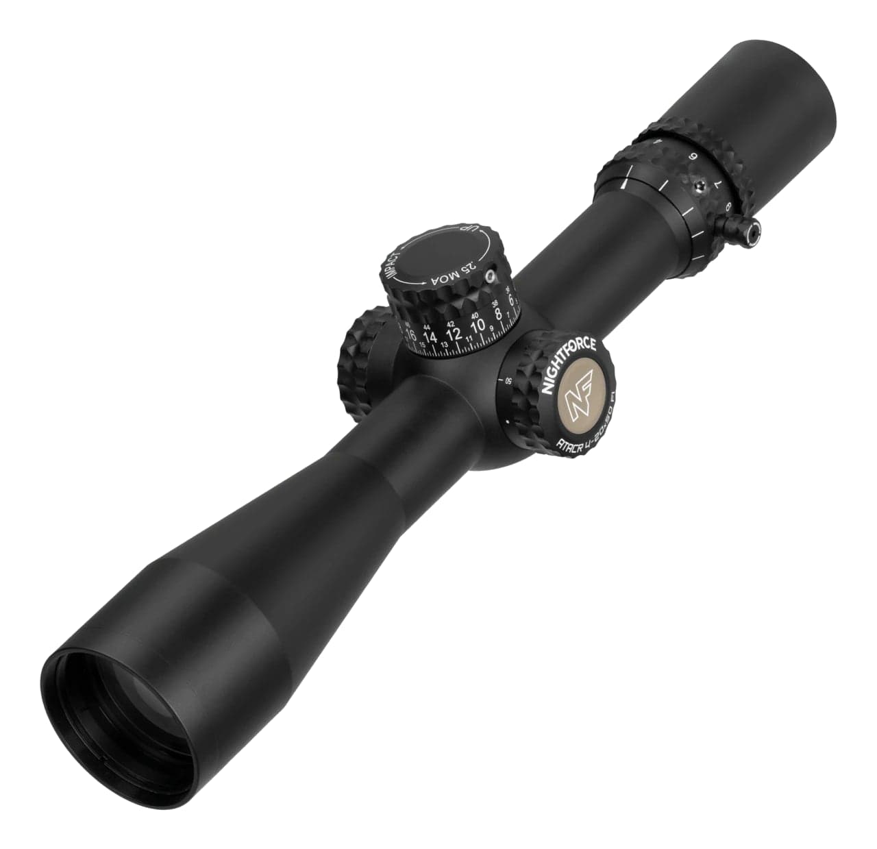 Black mid-range riflescope with alternate turret option, front-left view