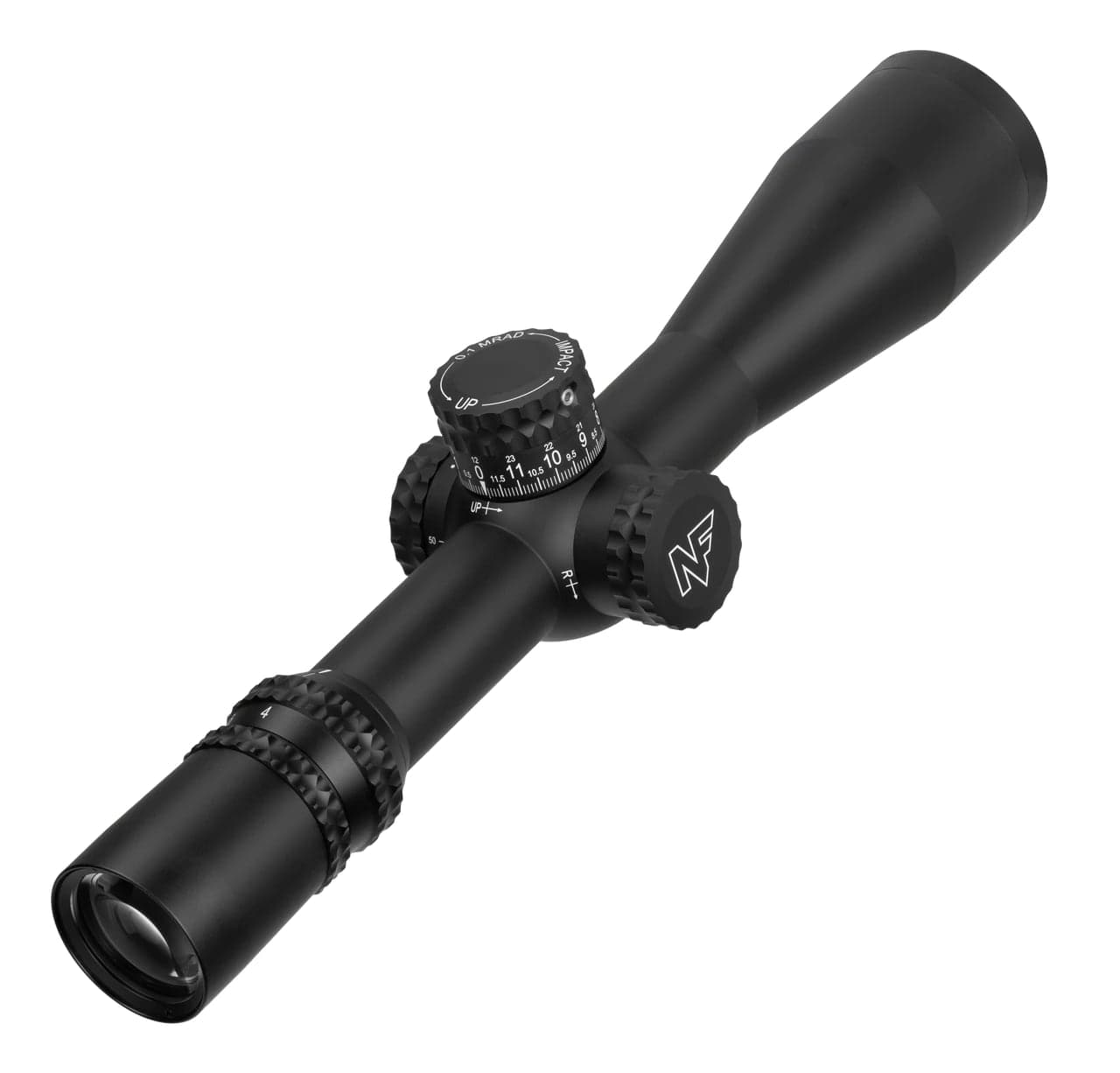 Black mid-range riflescope seen from the eyepiece end
