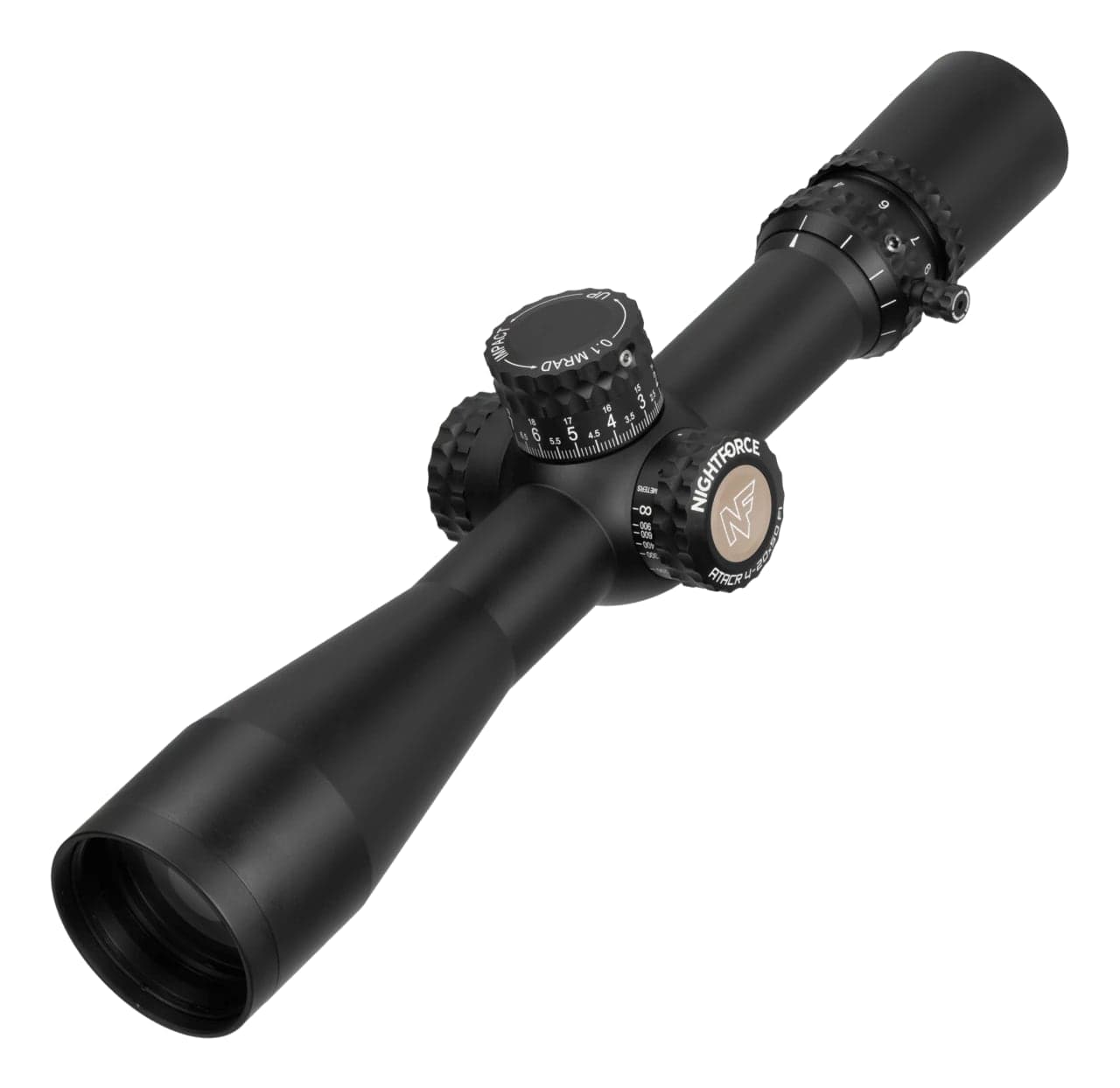 Black mid-range riflescope with exposed turrets and side parallax knob, front-left three-quarter view
