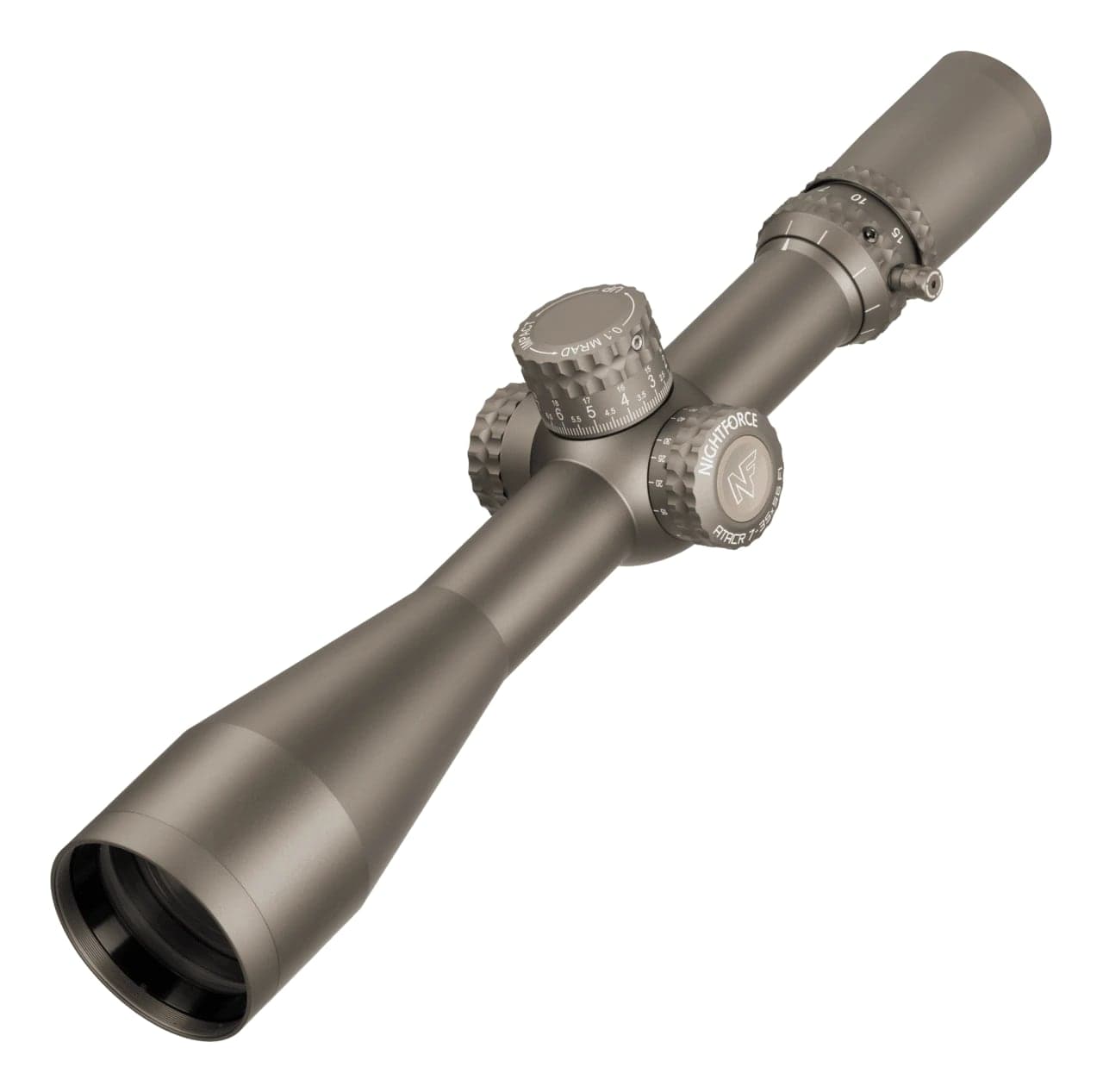 Dark earth long-range riflescope, front-left three-quarter view