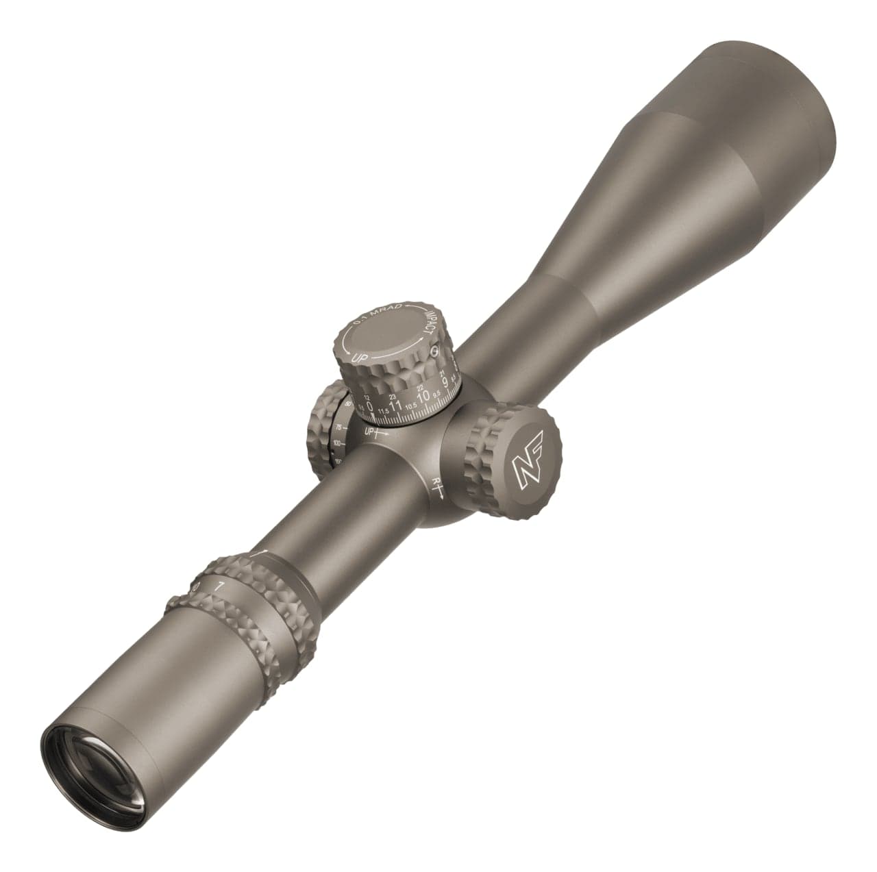 Dark earth long-range riflescope seen from the eyepiece end