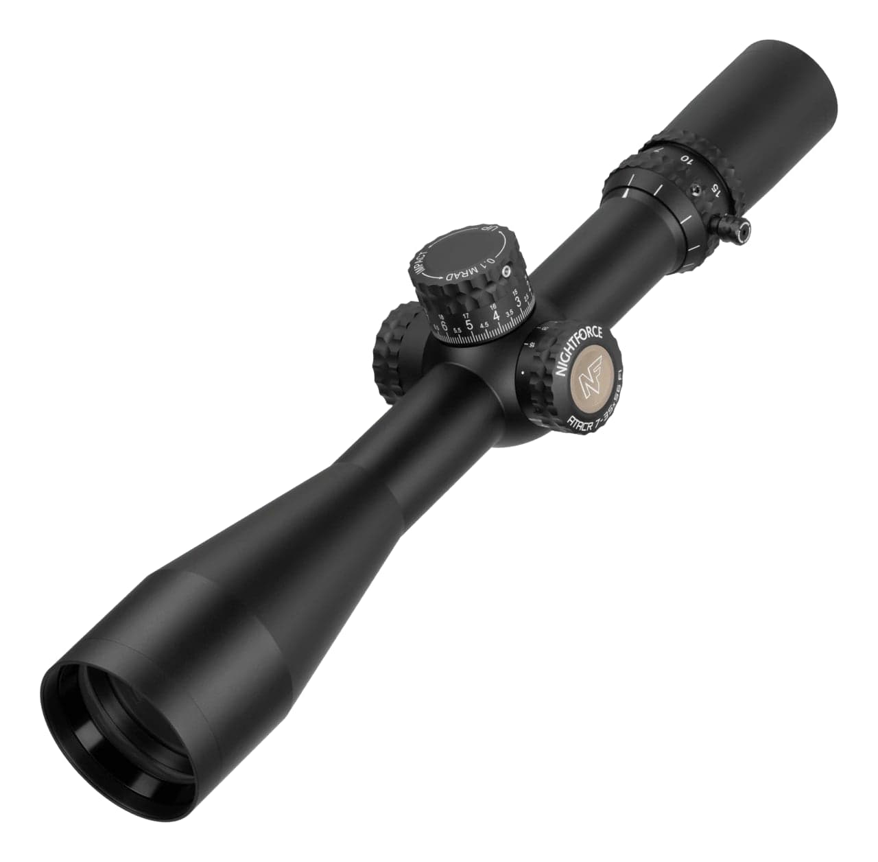 Black long-range riflescope with large objective bell and exposed turrets, front-left three-quarter view