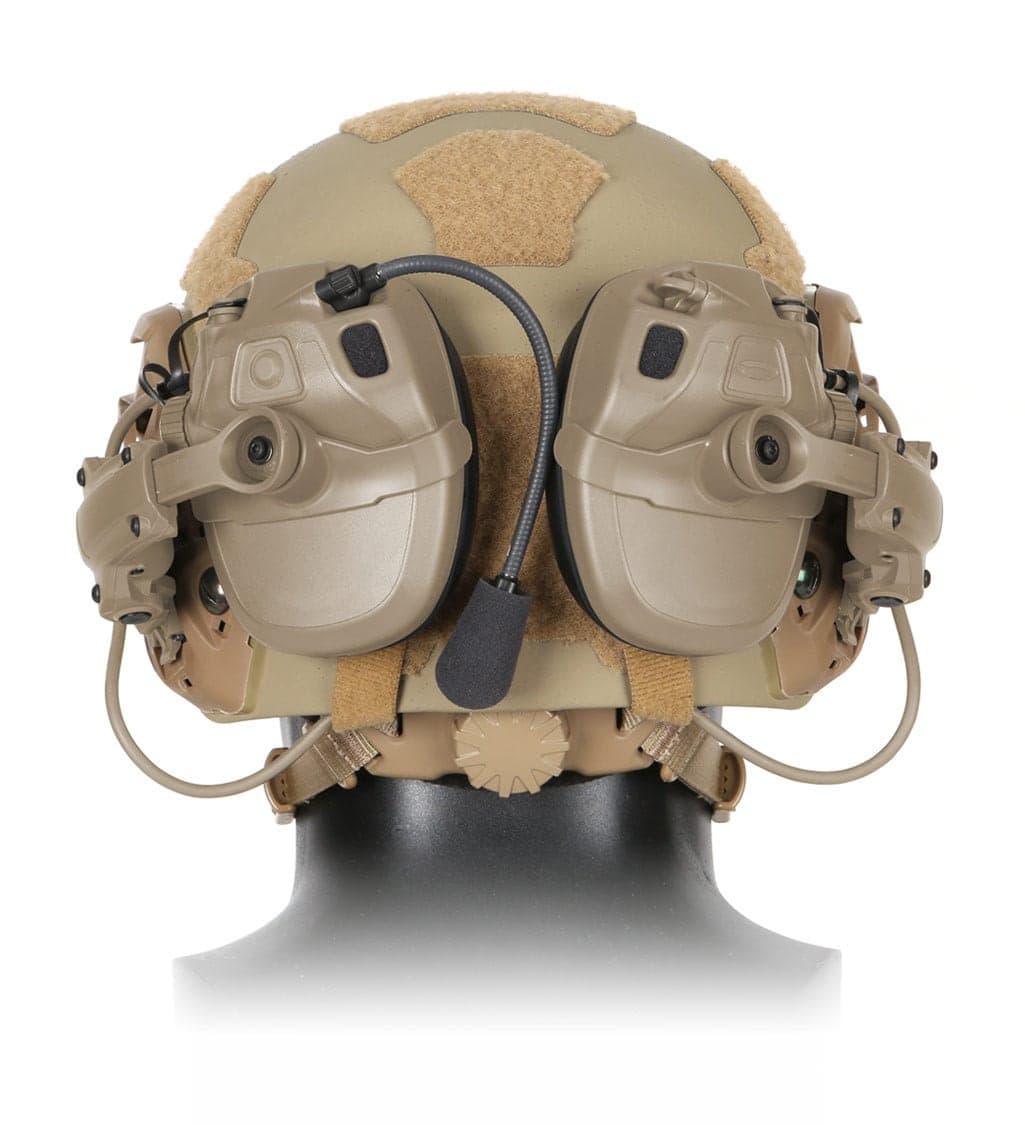 Tan helmet-mounted headset with boom microphone, rear view