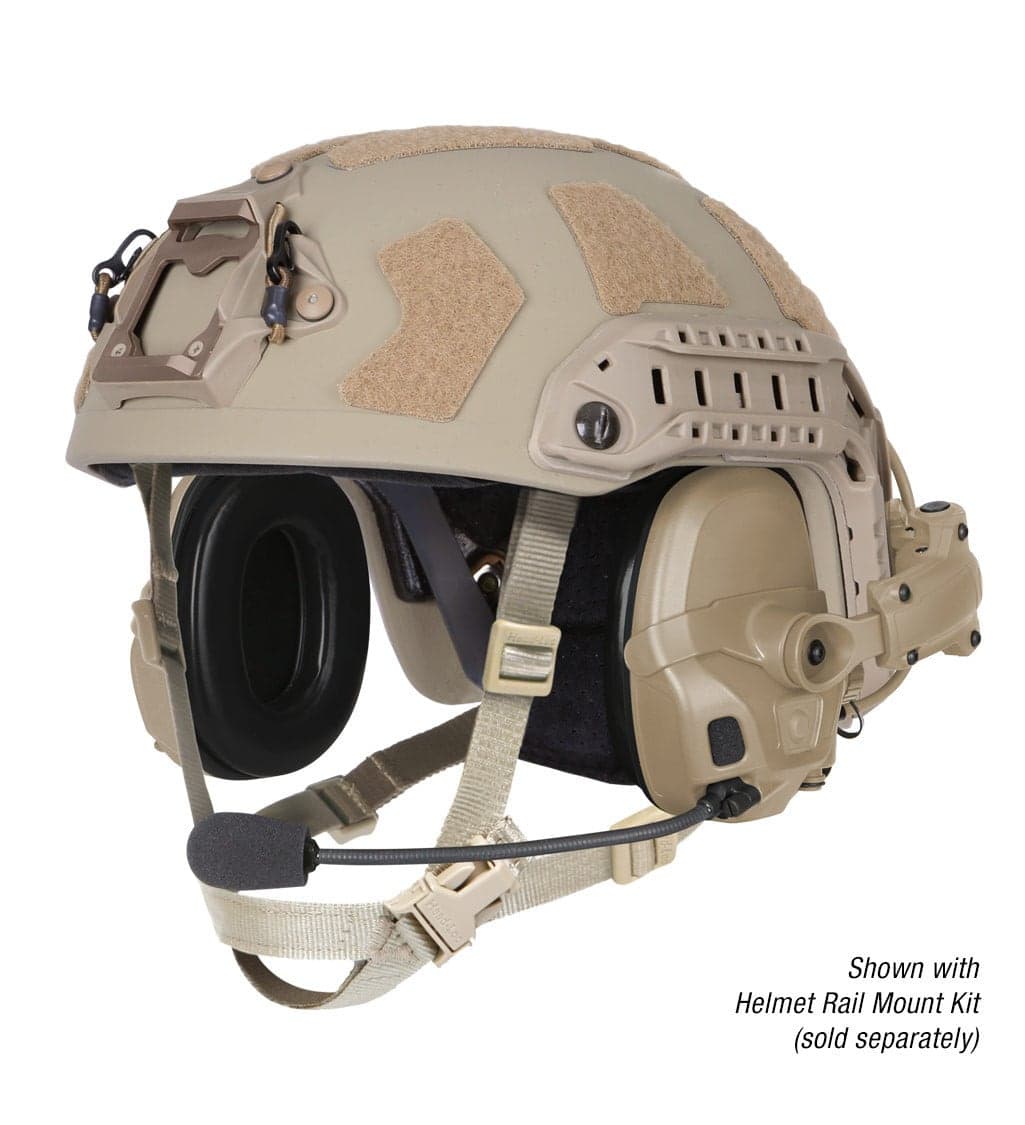 Tan headset fitted to a helmet with rail mount kit, side view