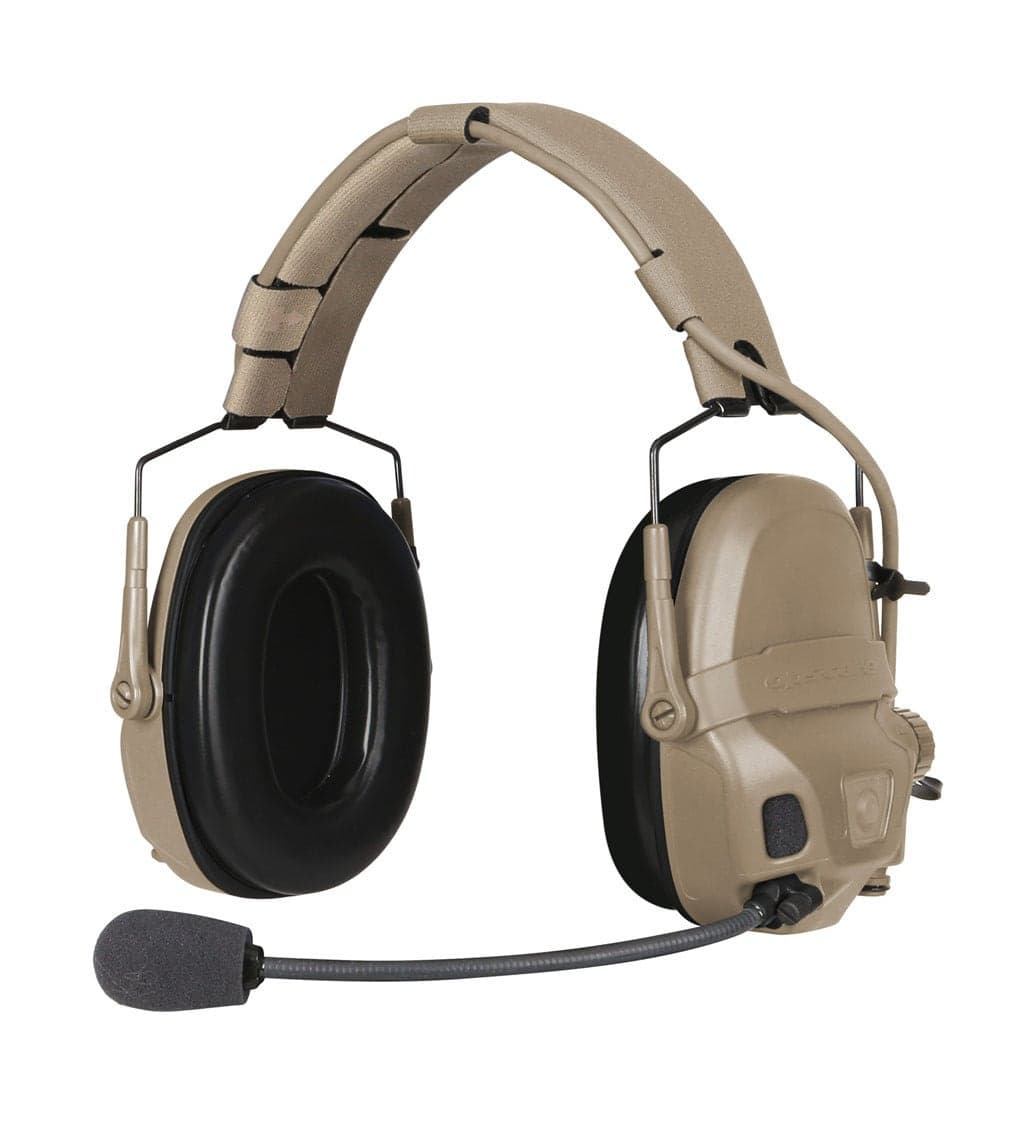 Tan over-ear communication headset with headband and boom microphone