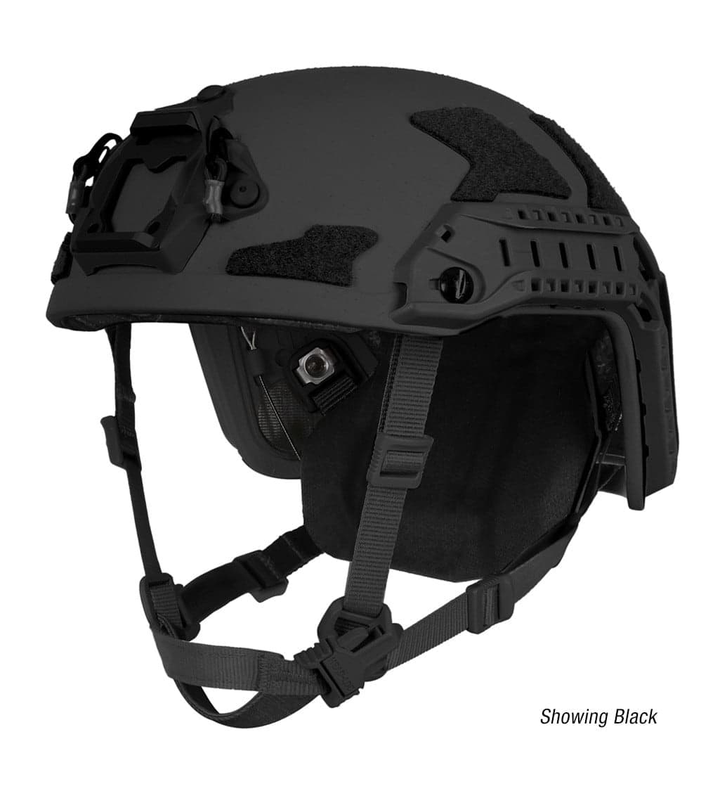 Black high-cut ballistic helmet with rails and shroud, front-left view