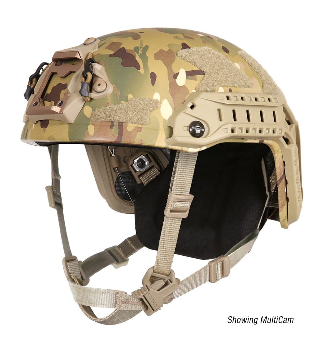 MultiCam high-cut ballistic helmet with rails and shroud, front-left view