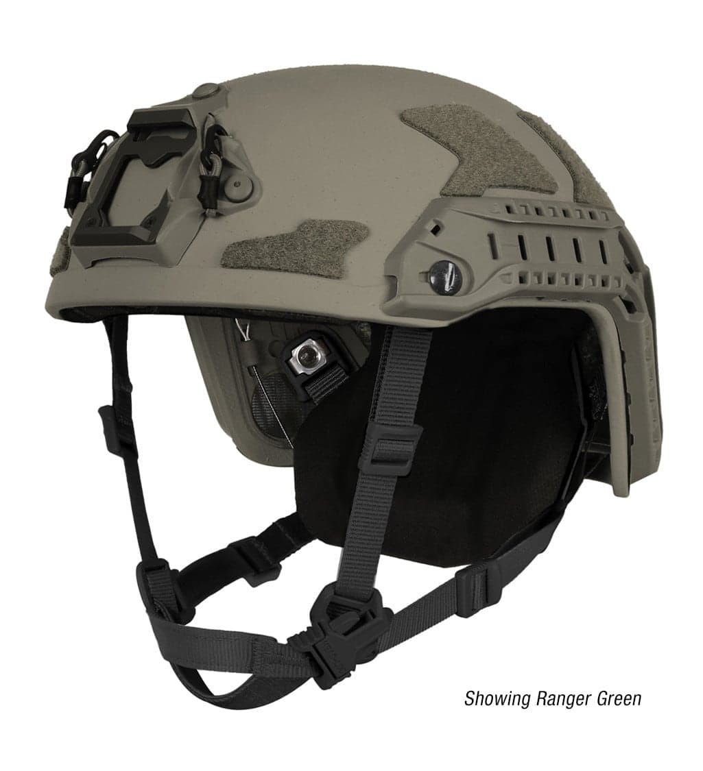 Ranger green high-cut ballistic helmet, front-left view