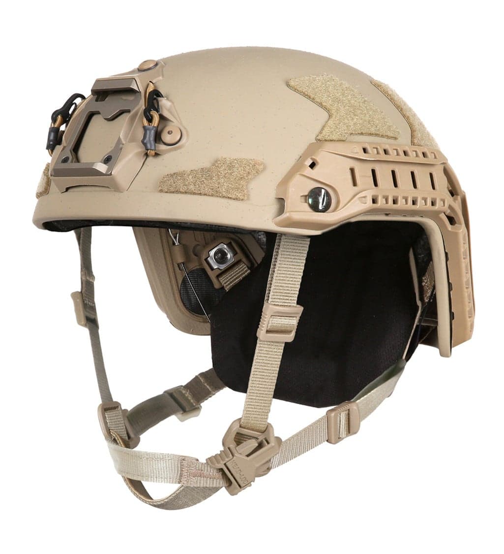 Tan high-cut ballistic helmet with side rails, NVG shroud and chinstrap, front-left view