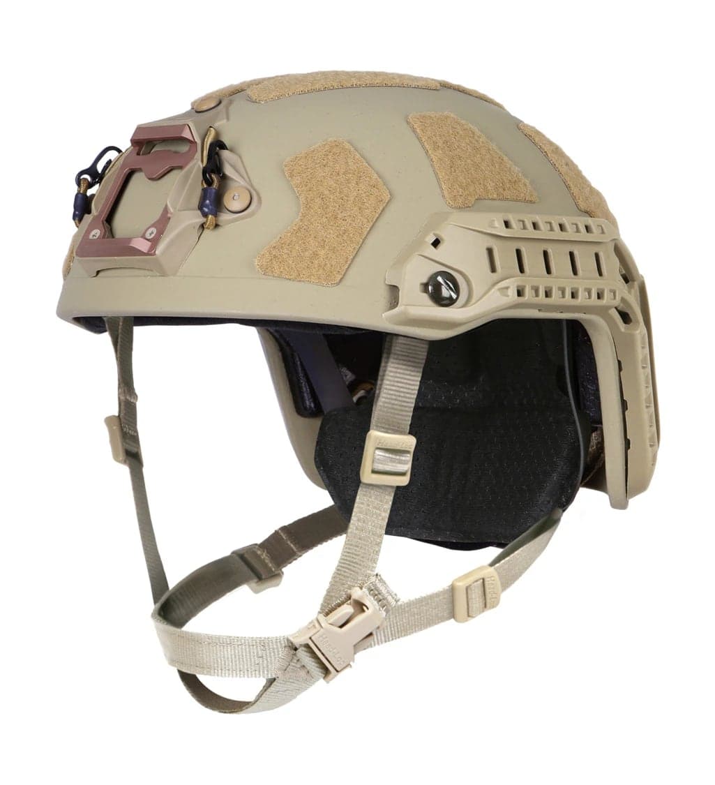 Tan Ops-Core FAST SF super high cut helmet with side rails, NVG shroud and loop panels